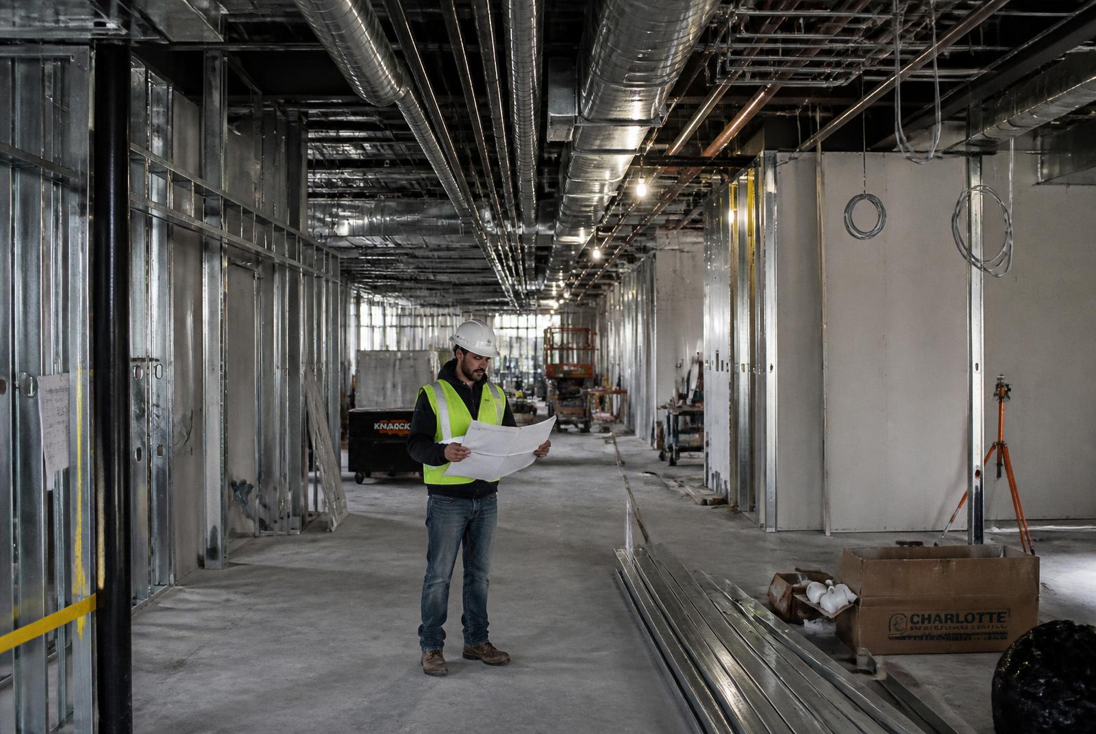 Interior of a building under renovation with exposed structure and new framing
