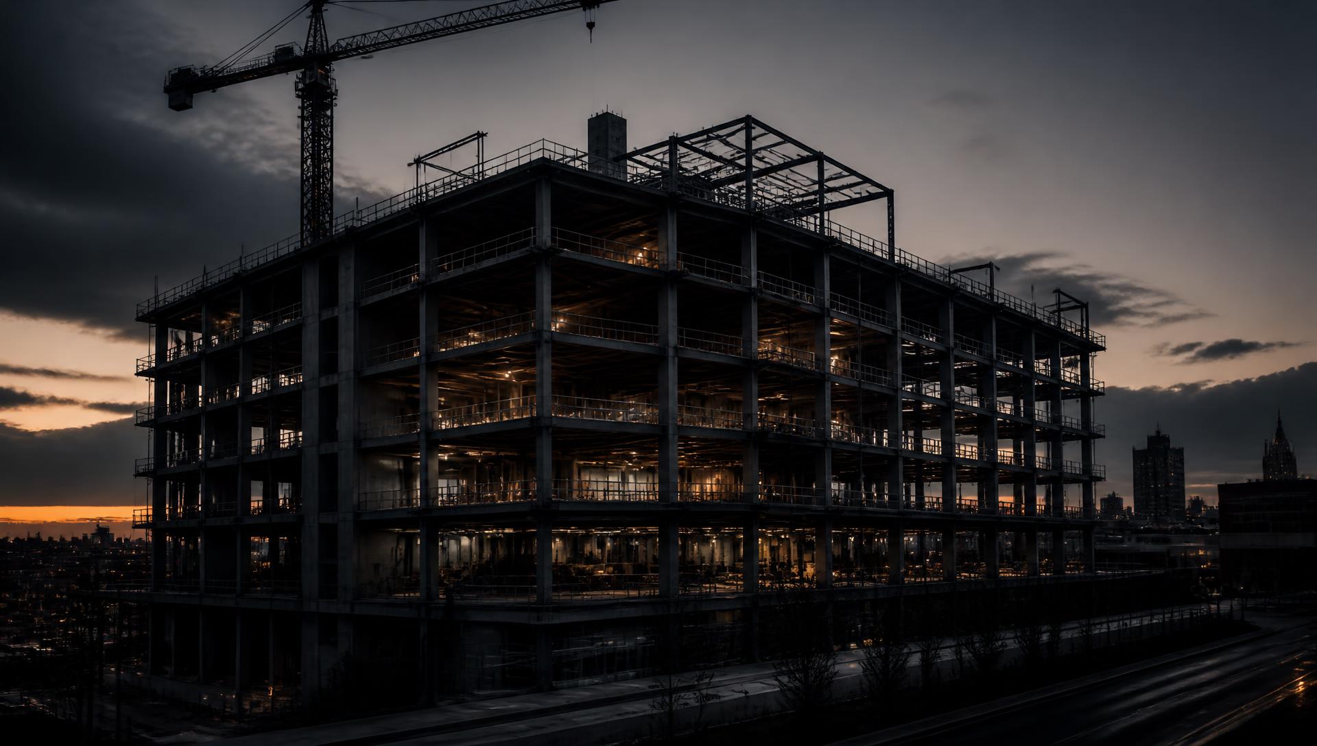 Construction site at dusk with tower crane and lit structural steel